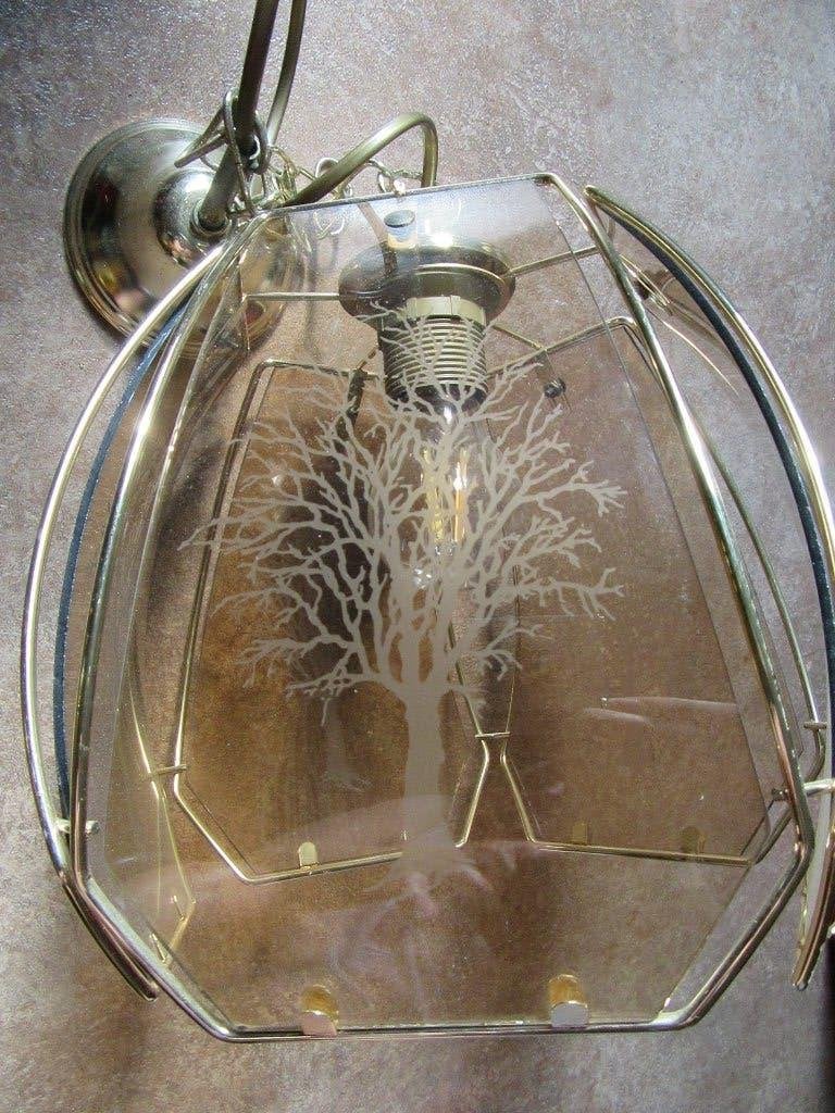 lustre en verre fumé décor arbre 5 faces, Enlèvement, Comme neuf, Verre