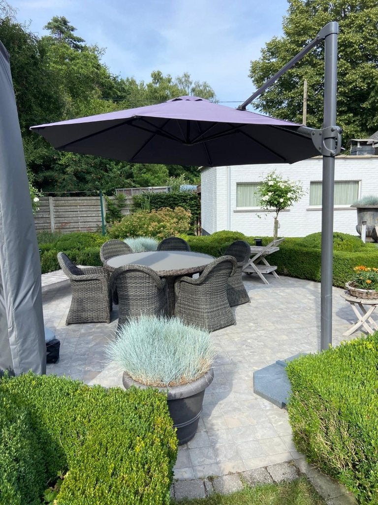 Parasol + voet, Ophalen, Gebruikt, 3 tot 4 meter, Zweefparasol