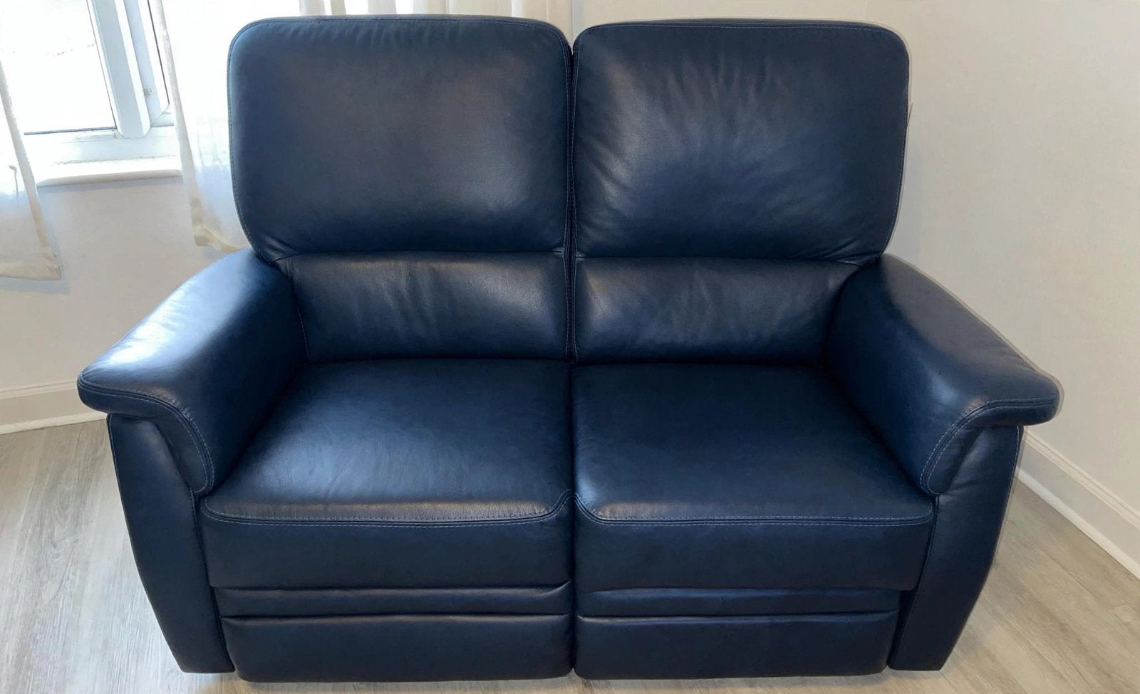 Donkerblauwe 2-Zits Lederen Relaxzetel 150cm  - Voetsteun, Ophalen, Gebruikt, 150 tot 200 cm, Leer
