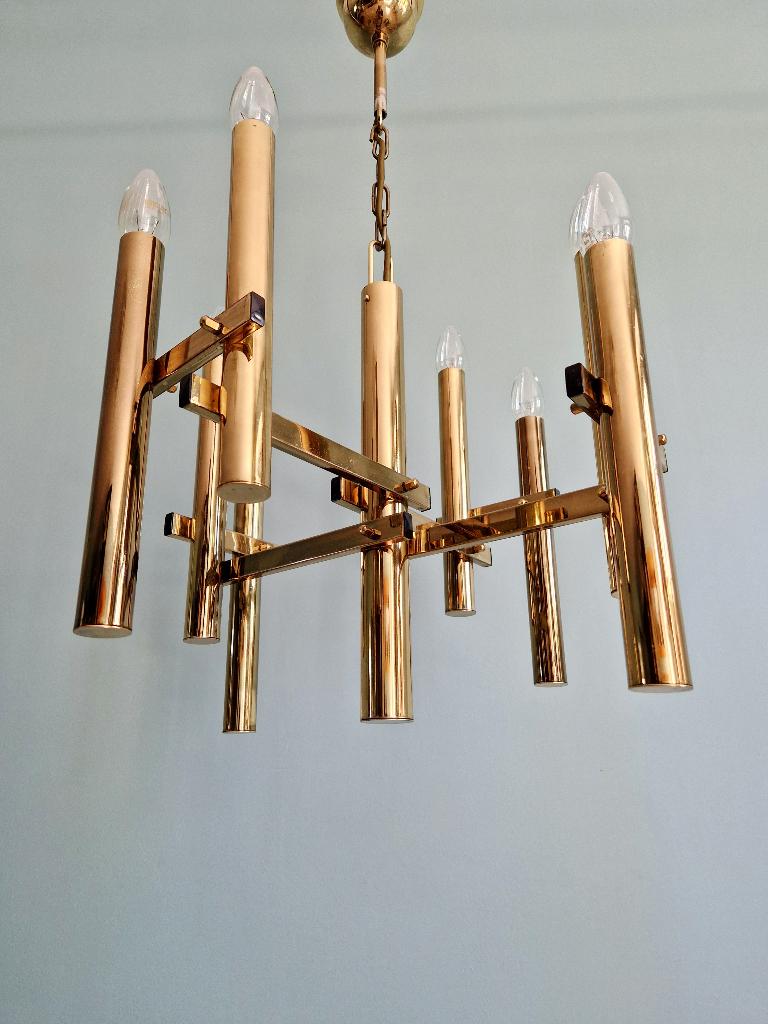 Lustre géométrique en laiton, style Hollywood Regency, 1970, Antiquités & Art, Enlèvement ou Envoi