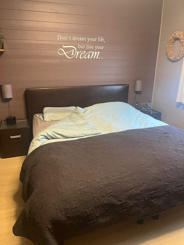 Boxspring donkerbruine lederlook met 2 nachtkastjes, Maison & Meubles, Brun, Enlèvement, Utilisé, 180 cm