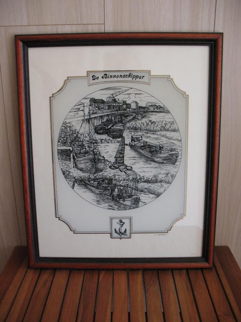 Glasgravure. De binnenschipper. Gerard Swaenepoel. H. 48 cm, Antiek en Kunst, Dagelijks leven, 1950 - 1999, Gravure, Gesigneerd
