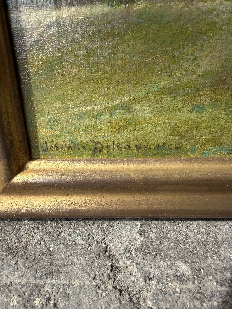 Jérémie Delsaux (1852-1927) – Paysage rural – Huile ST 1906, Antiquités & Art, Enlèvement ou Envoi, Signé, Paysage, Toile