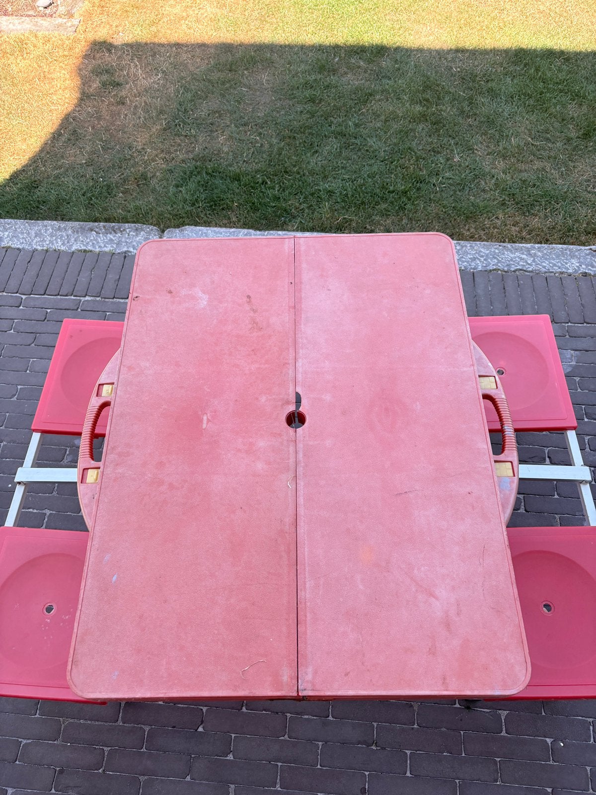 Vintage campeerbank -tafel met stoelen, Ophalen, Gebruikt