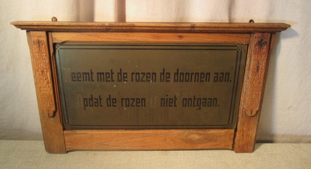 Mooie Antieke Spreuk op plaat in houten lijst - 42x25, Ophalen of Verzenden, Gebruikt