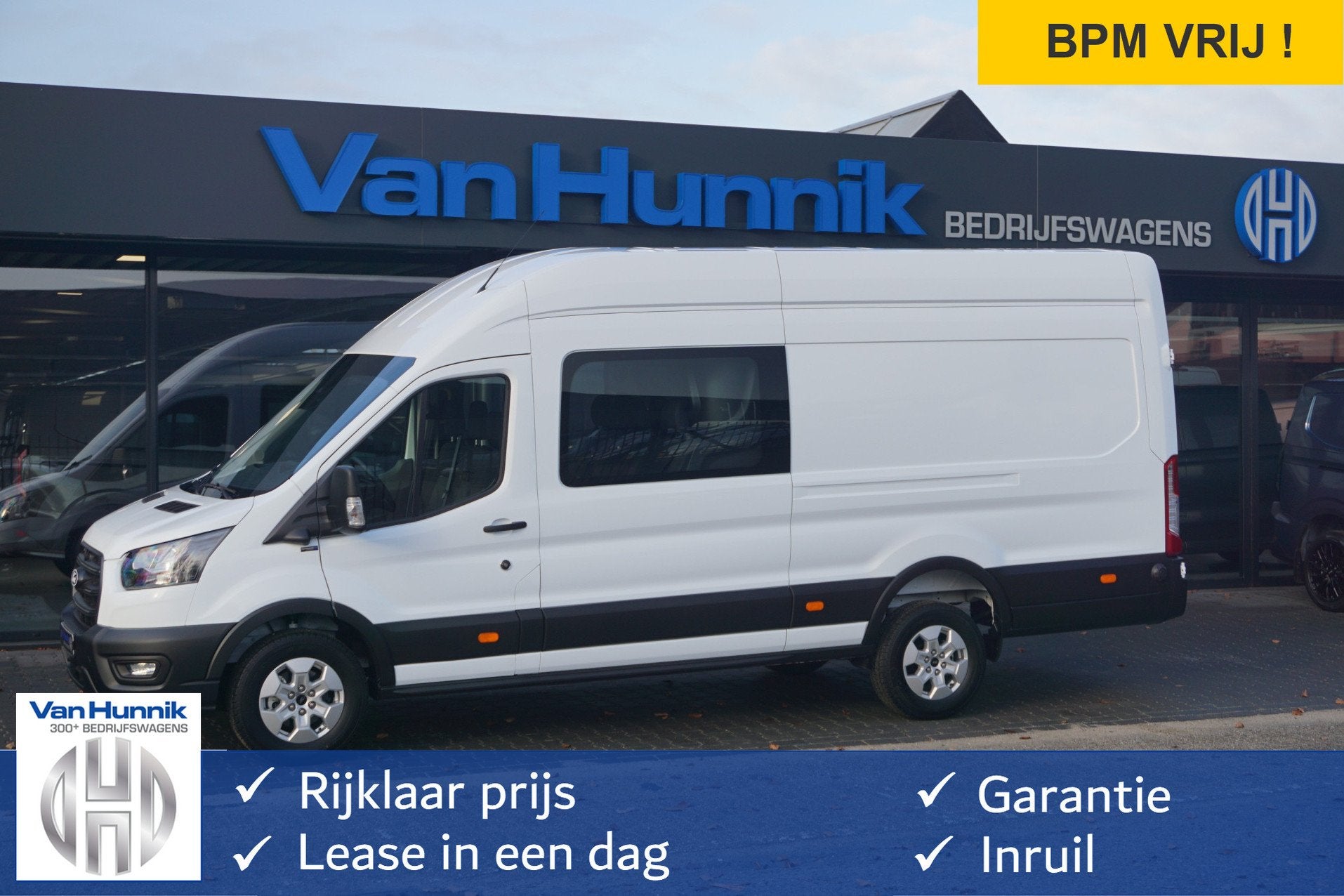 Ford Transit 350L 130PK L4H3 Dubbel Cabine Vol optie 10x op, Gebruikt, 4 cilinders, 2800 kg, Wit