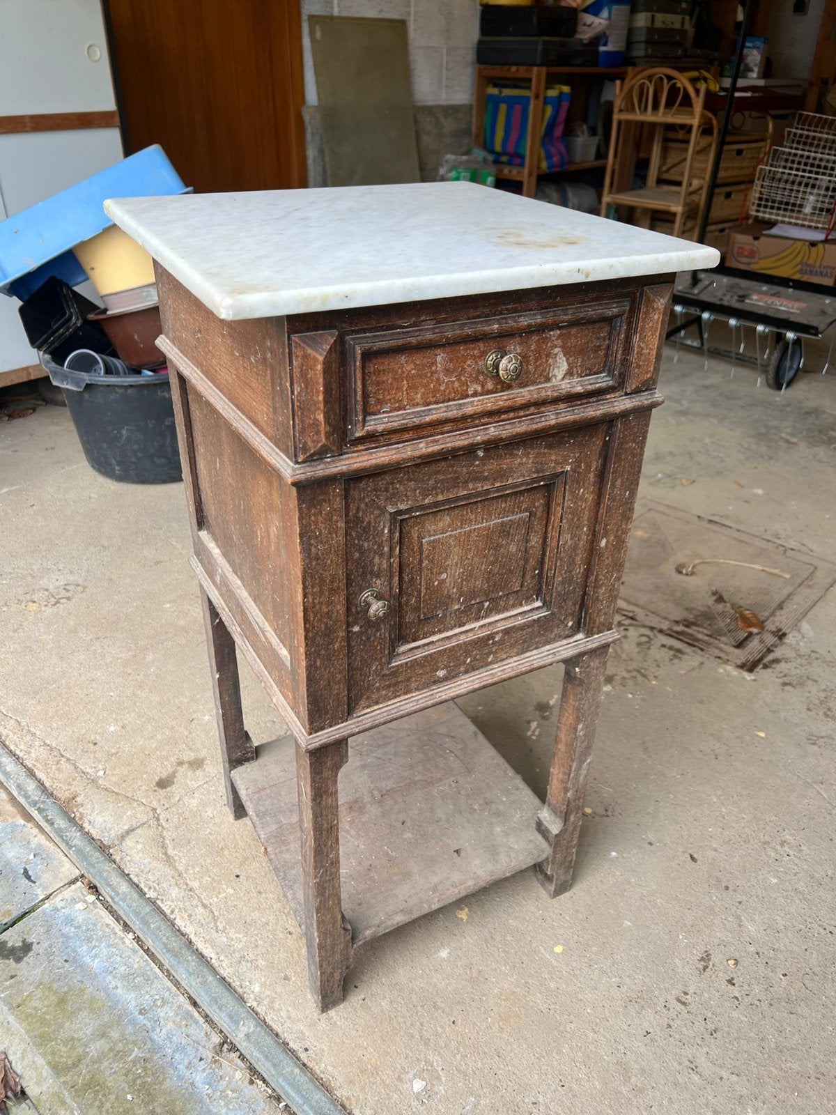Table de nuit en bois et marbre vintage, Maison & Meubles, Enlèvement, Comme neuf, Bois