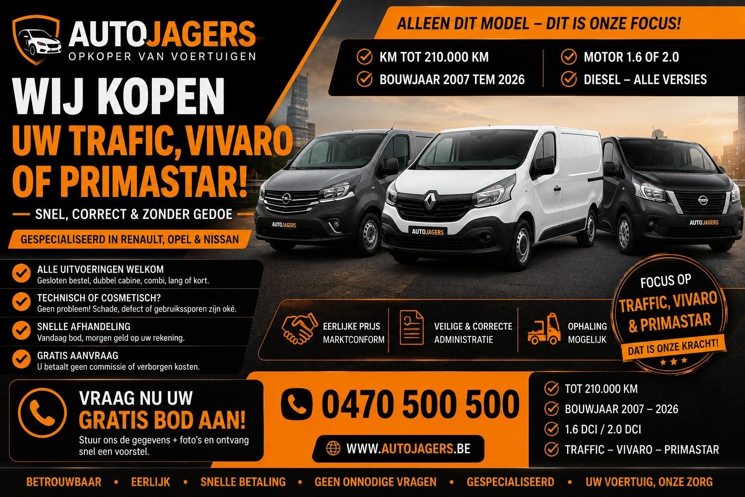 RENAULT TRAFIC, OPEL VIVARO OF NISSAN PRIMASTAR VERKOPEN?, Auto's, Bestelwagens en Lichte vracht, Bedrijf, Te koop, Nissan, Diesel