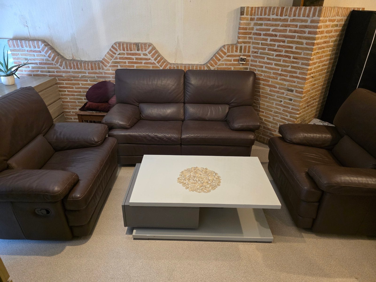 Ensemble de 3 chaises en cuir avec fonction relax, marron fo, Enlèvement, Utilisé, Cuir