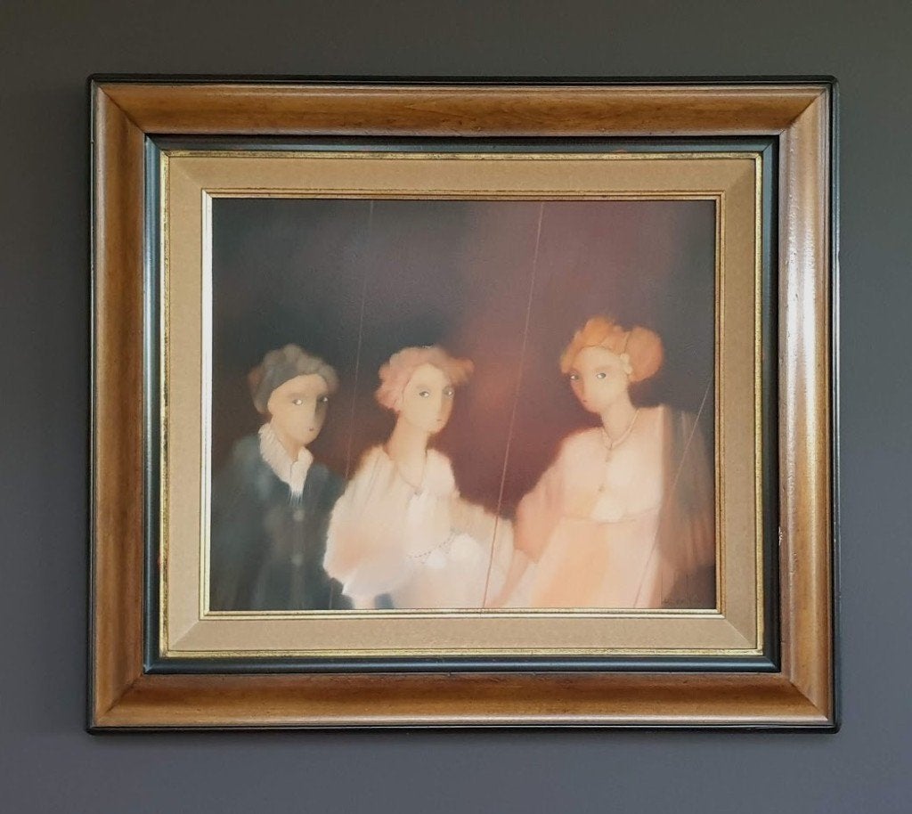 "Trois personnages", huile sur toile signée Luc Gendron, Enlèvement, Verre, Impression