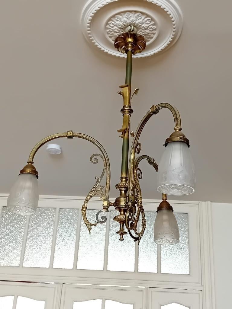 Lustre ancien en laiton et verre gravé – 3 branches, Maison & Meubles, Enlèvement, Utilisé, Verre