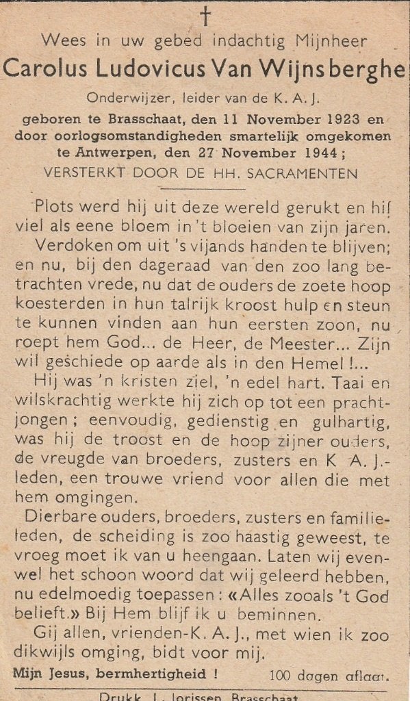 Oorlogsslachtoffer 1940-45 Carolus Van Wijnsberghe Antwerpen, Verzamelen, Bidprentjes en Rouwkaarten, Verzenden