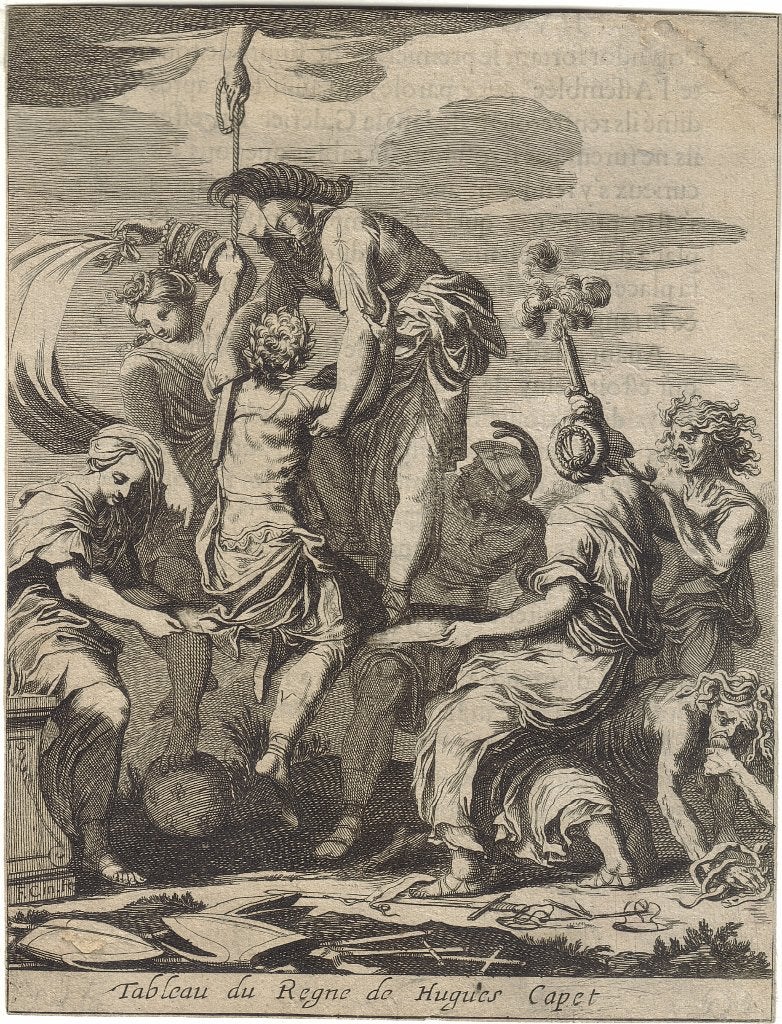 Francois Chauveau ets "Tableau du Regne de Hugues Capet", Eau-forte, 1600 - 1699, Enlèvement, Vie quotidienne
