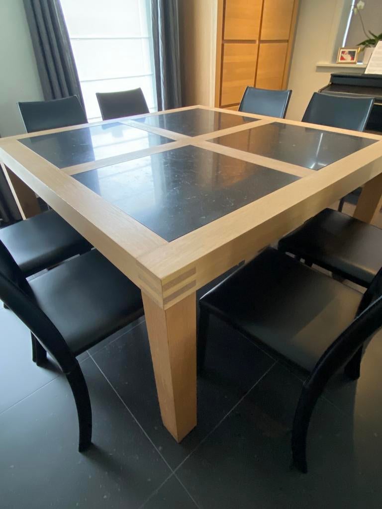 Vierkante tafel volle eik-natuurstenen inlegbladen 1.40-1.40, Enlèvement, Comme neuf