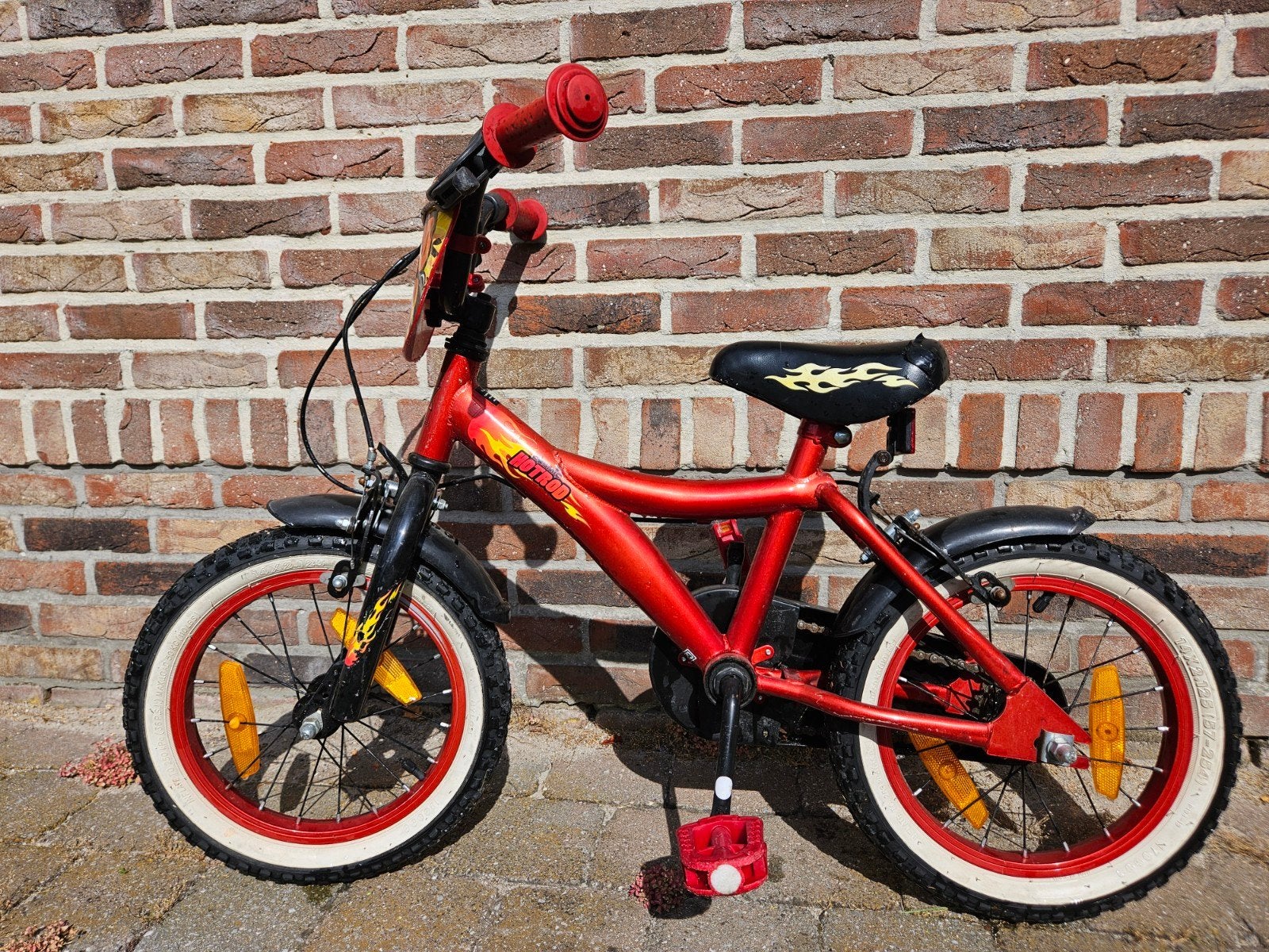 Stoere Rode Kinderfiets 12 inch 'Hotrod', Ophalen, Gebruikt, Velgrem, Minder dan 16 inch