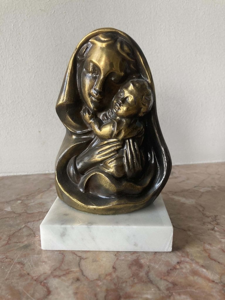 Borstbeeld Maria met Kind in koper (15 cm), Ophalen of Verzenden, Gebruikt, Religie