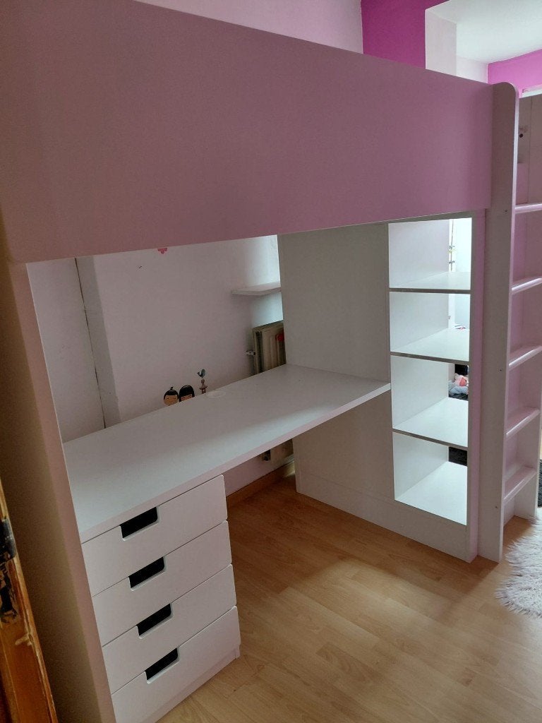 Hoogslaper, wit wit/met bureau met 4 lades, Huis en Inrichting, Slaapkamer | Stapelbedden en Hoogslapers, Zo goed als nieuw, Hoogslaper
