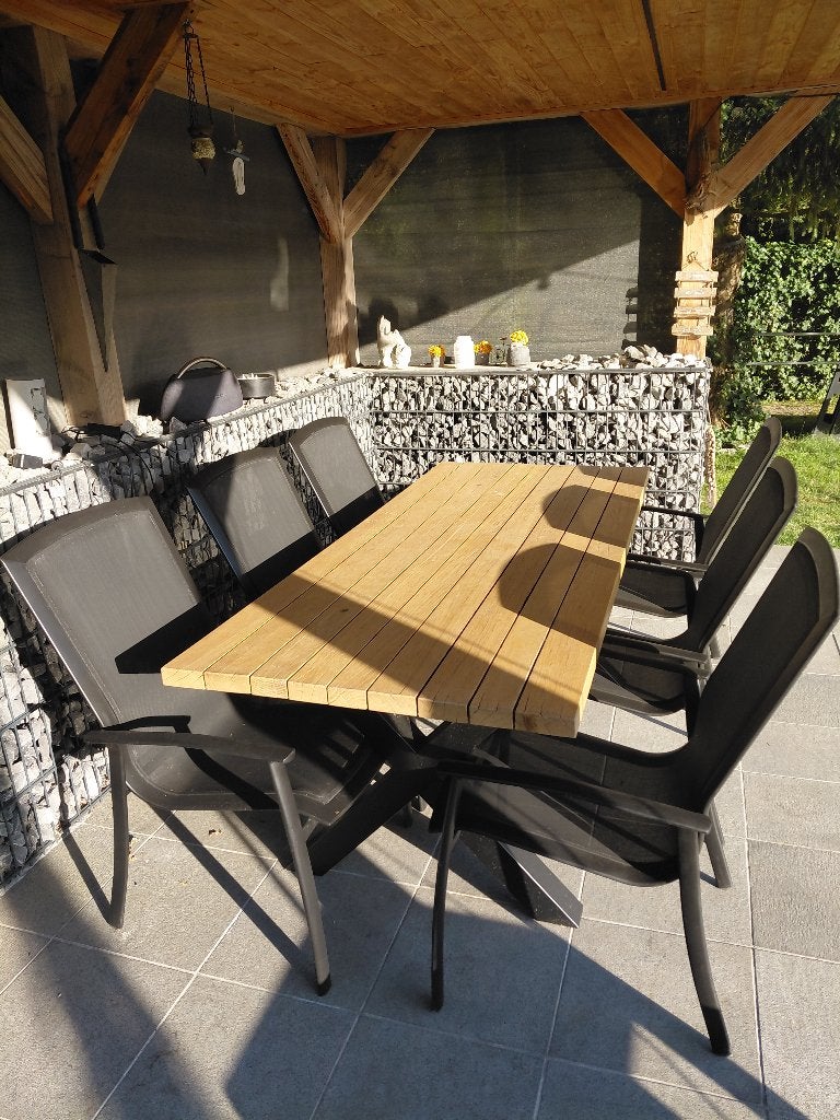eiken terrastafel met 6 stoelen, Ophalen, Zo goed als nieuw, Rechthoekig, Aluminium