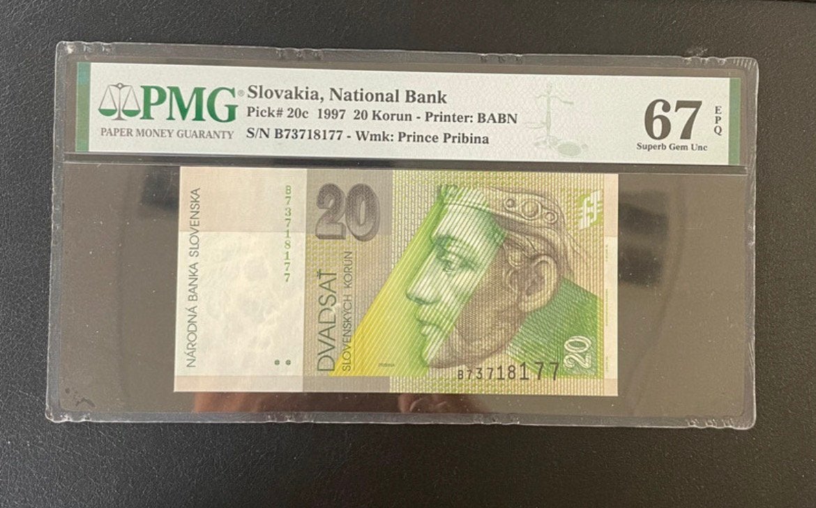 Billet Slovakia 20 korun 1997 PMG 67 Top Pop, Timbres & Monnaies, Enlèvement ou Envoi, Autres pays, Billets en vrac