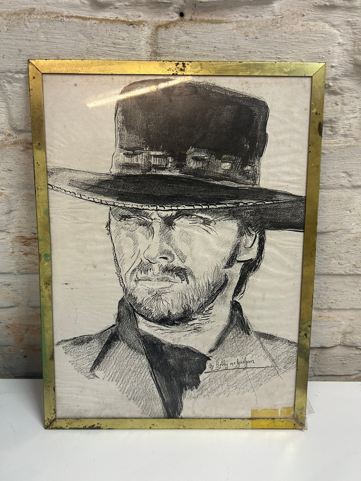 Vintage portret van Clint Eastwood Western - gouden lijst, Antiek en Kunst, Ophalen, Reproductie, Potloodtekening, Achter glas