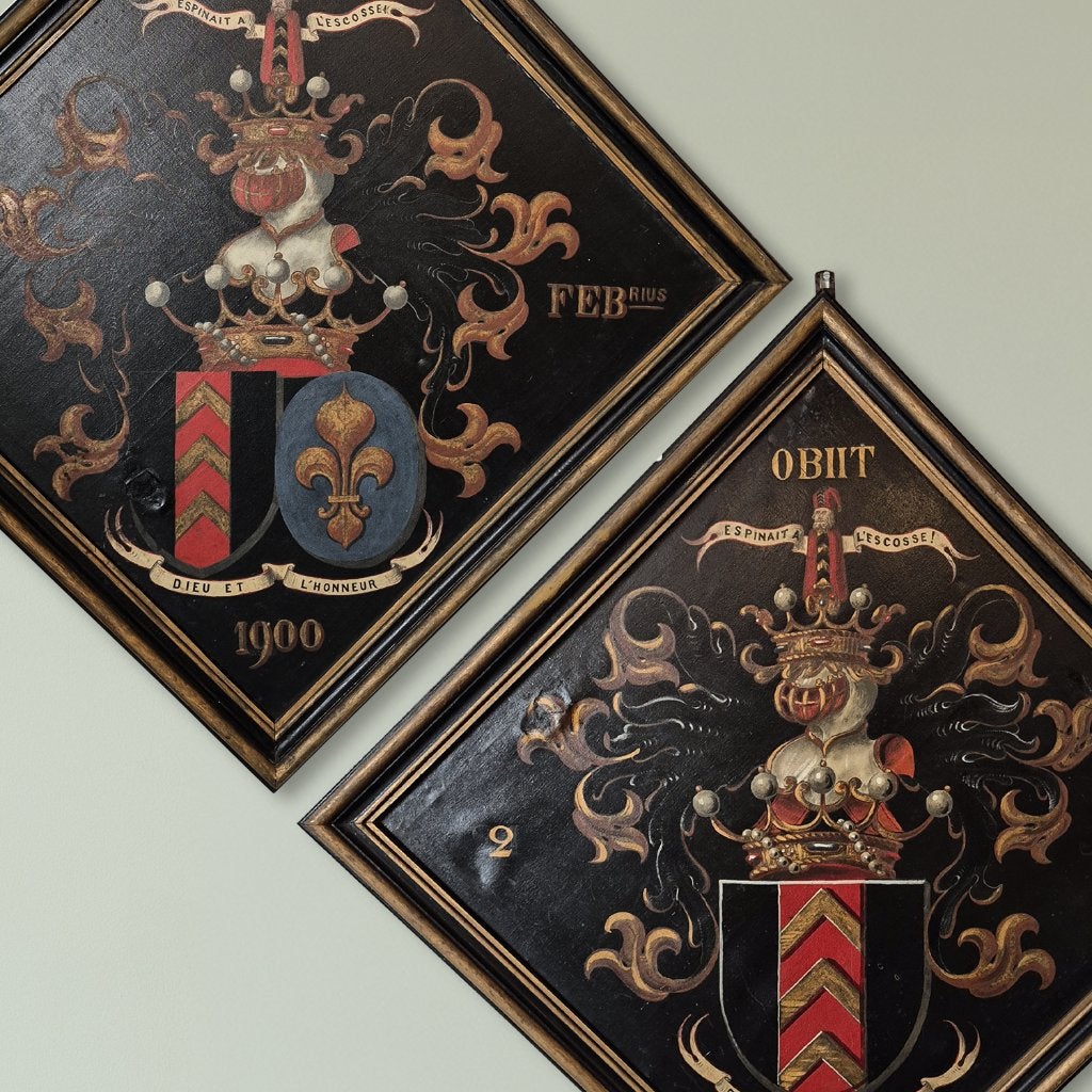 Set van 2 Obiit wapenborden 19e/20e eeuw groot formaat, Ophalen