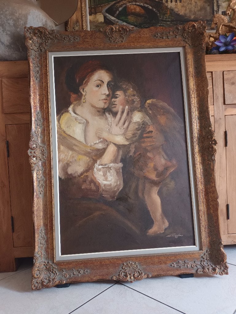Schilderij vintage , moeder/engel , prachtstuk., Antiek en Kunst, Ophalen, Doek, Olieverf, Overige onderwerpen