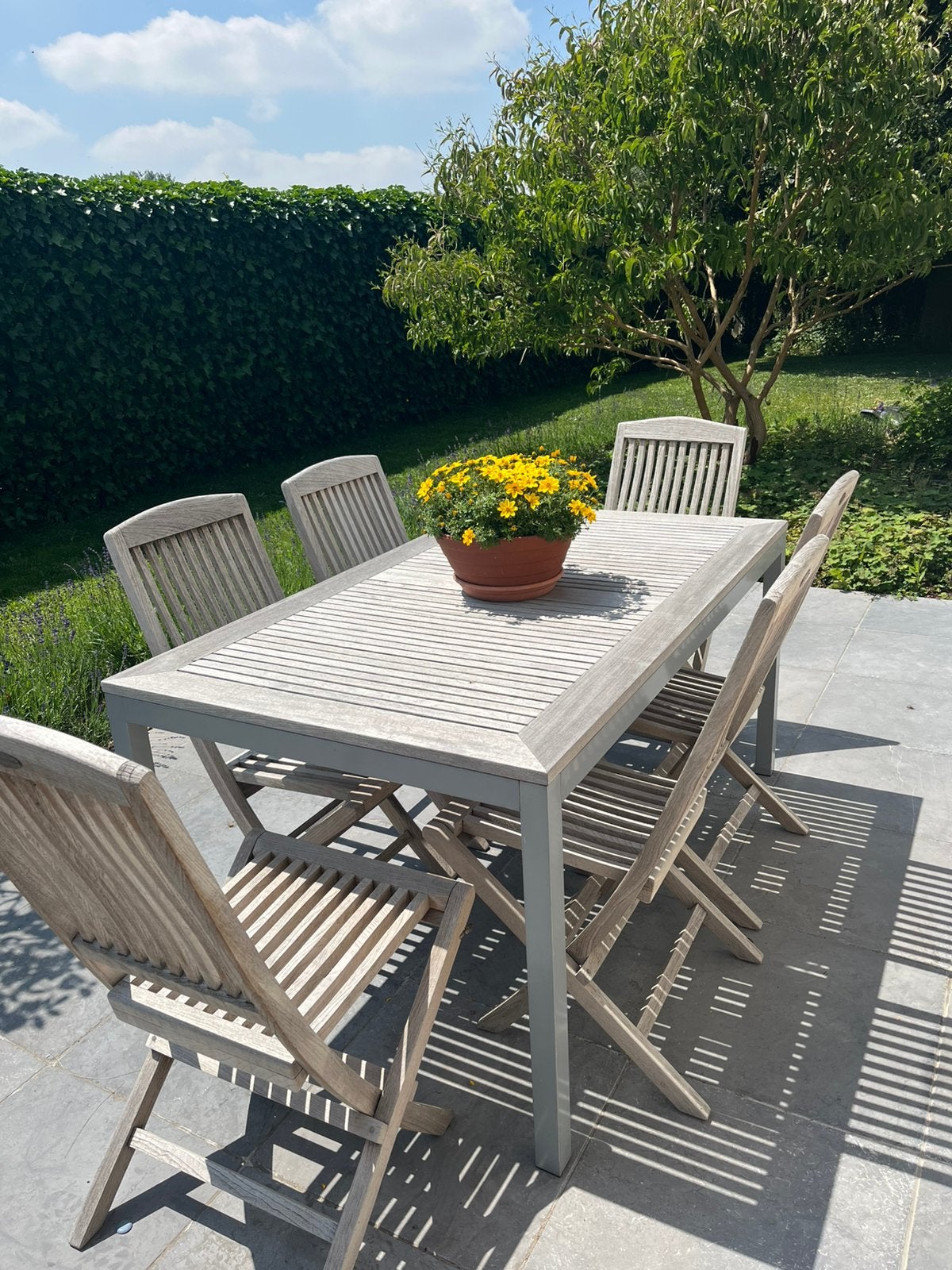 Tuinmeubelen teak/metaal tafel + 6 stoelen, Tuin en Terras, Ophalen, 6 zitplaatsen, Teakhout, Zo goed als nieuw