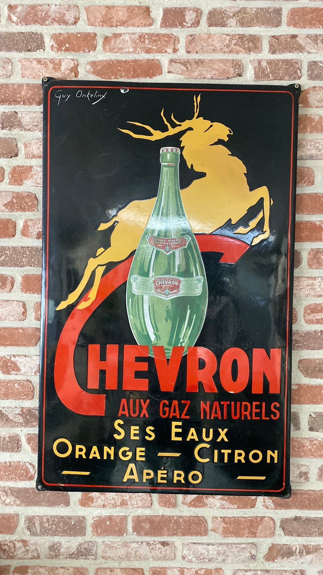 Emaille bord Chevron Emaillerie koekelberg 1938, Collections, Enlèvement, Utilisé, Panneau publicitaire