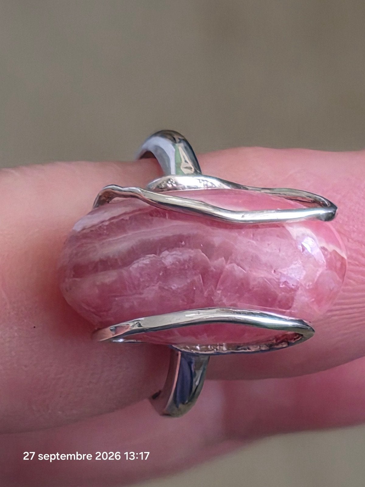 Bague réglable en argent massif avec rhodochrosite naturelle, Neuf, Enlèvement, Argent, Argent