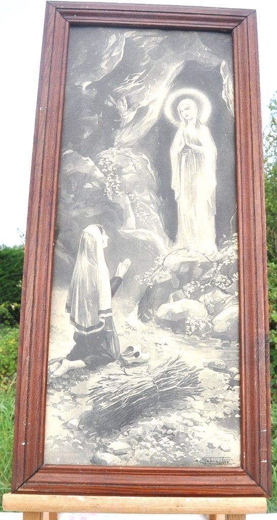 lithographie circa 1930 grotte de lourde, Antiquités & Art, Signé, Enlèvement ou Envoi, Autres sujets, Lithographie