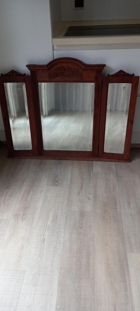Antieken drieluik spiegel in bruin eikenhout, Antiek en Kunst, Ophalen