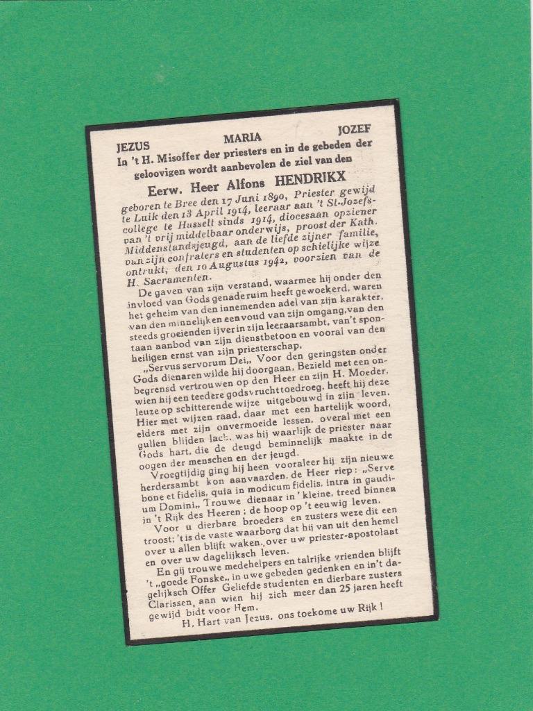 DP Priester Alfons Hendrikx, Verzamelen, Bidprentjes en Rouwkaarten, Verzenden, Bidprentje