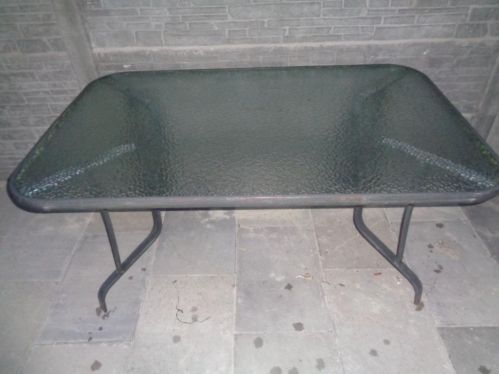 Metalen tafel Bois Le Duc met gehamerd glas en metalen poten, Tuin en Terras, Ophalen, Gebruikt, Rechthoekig, Metaal