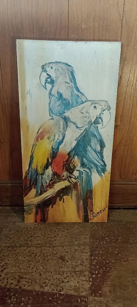 Schilderij op hout Papegaaien ara's gesigneerd 29x59, n99, Ophalen of Verzenden, Vintage, Gesigneerd, Paneel