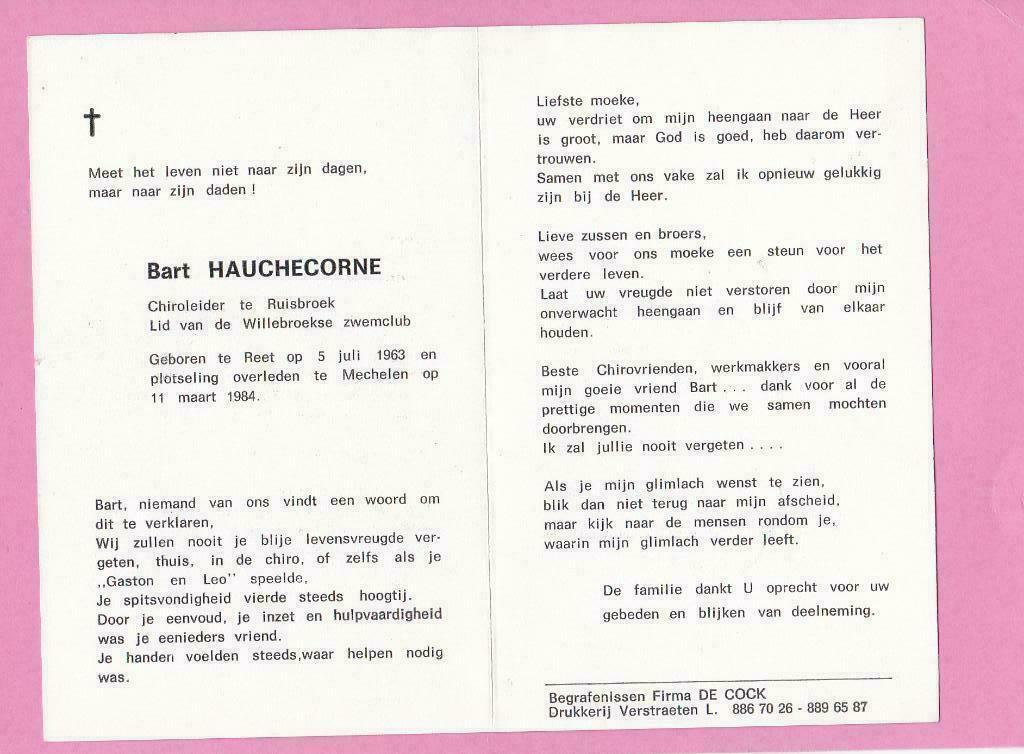 DP Chiroleider Bart Hauchecorne, Verzenden, Bidprentje
