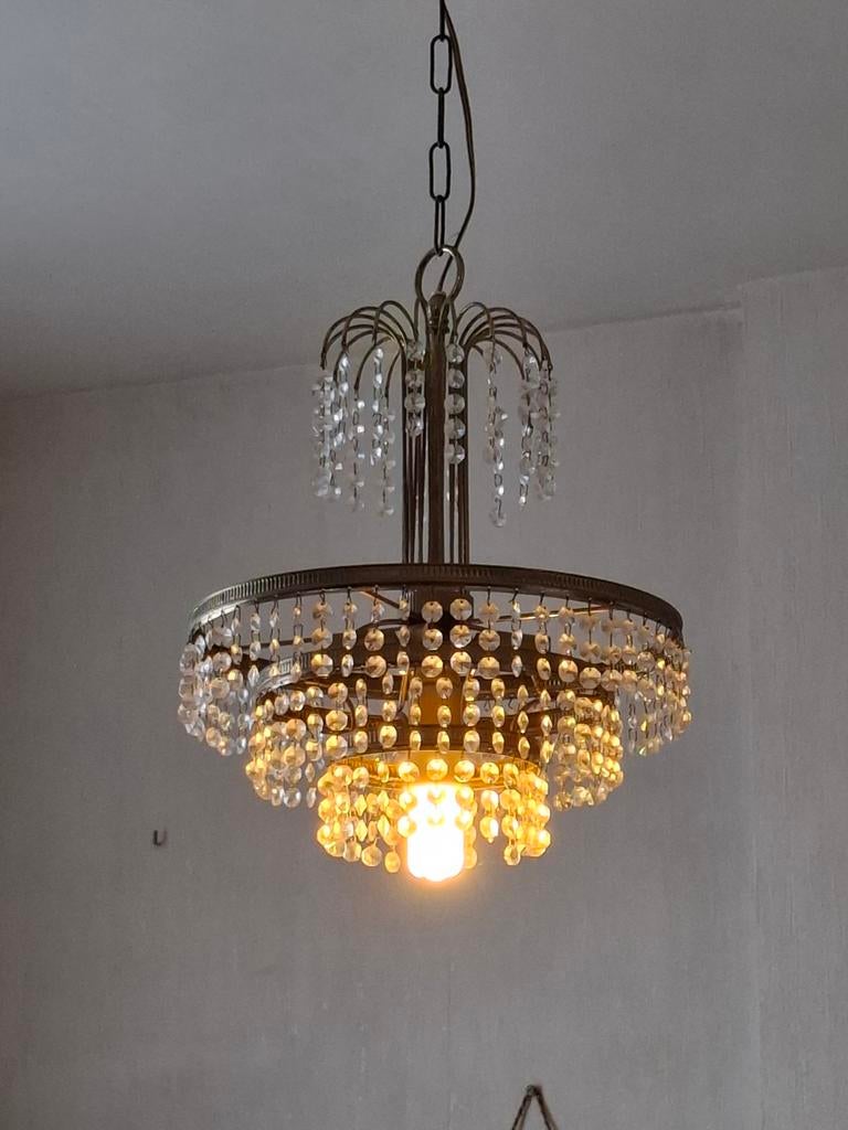 Hollywood Regency Kroonluchter | Vintage Messing & Kristal, Ophalen, Metaal