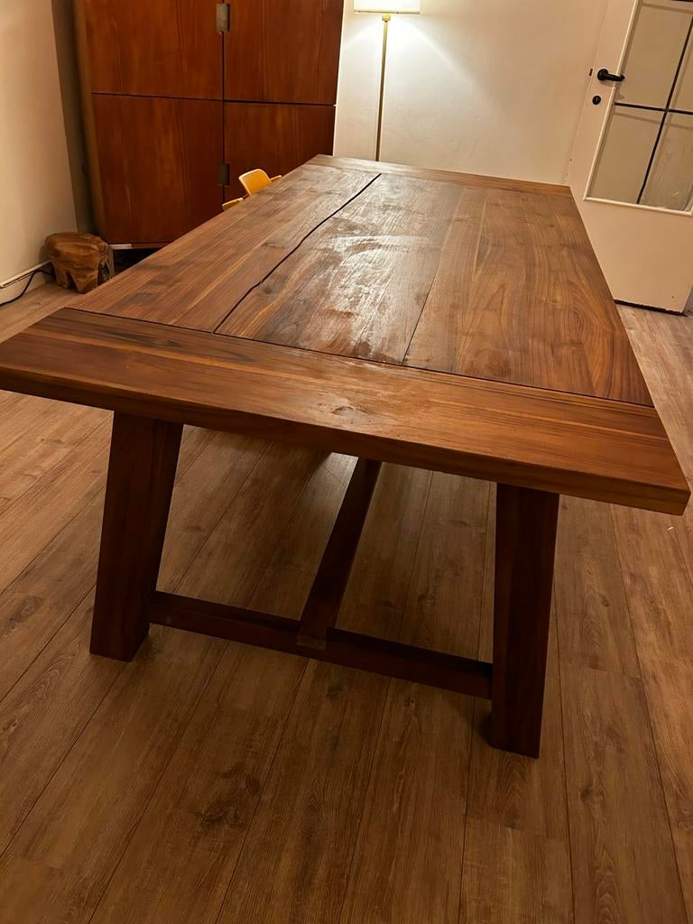 Massief teak eettafel+extra tafelblad(voor bankje), Huis en Inrichting, Tafels | Eettafels, Ophalen, Zo goed als nieuw