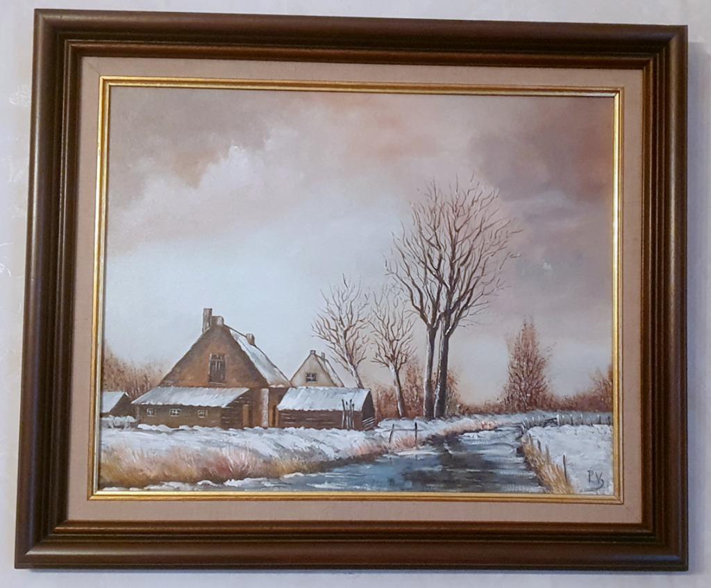 Olieverf schilderij : hoeve langs beek winterlandschap, Antiek en Kunst, Ophalen of Verzenden