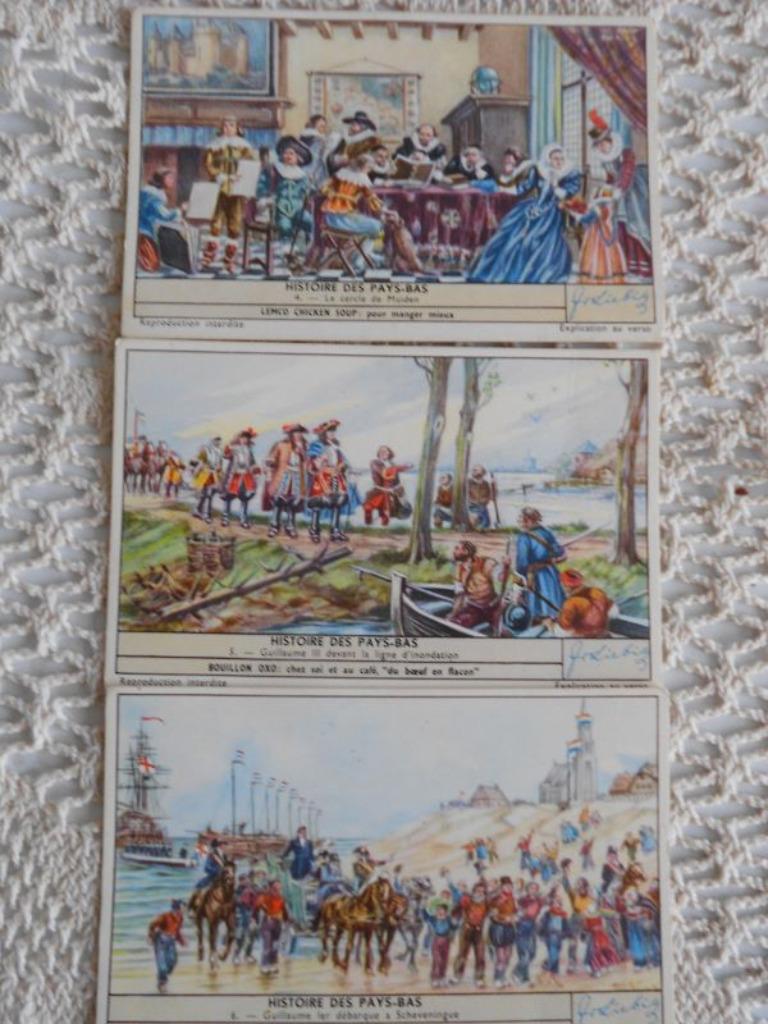 3 prenten Liebigreeks "Histoire des Pays-Bas", Gebruikt, Ophalen of Verzenden, 1940 tot 1960, Prent