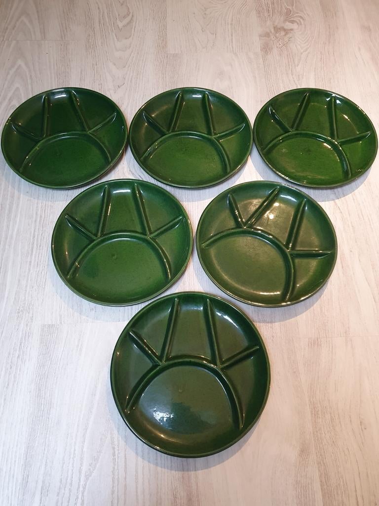 Set van 6 groene vintage Armena-fondueborden (jaren '70), Huis en Inrichting, Ophalen, Zo goed als nieuw, Overige stijlen, Bord(en)