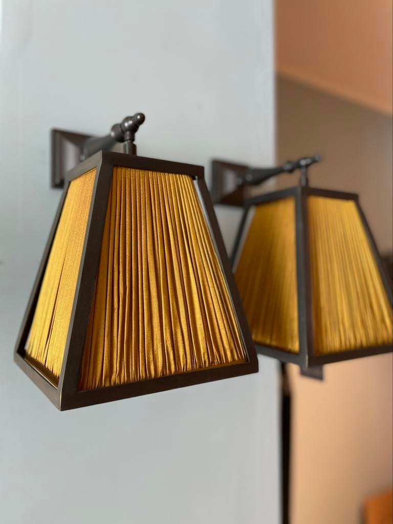 Wand lampen brons Judeco set/2. Met zijde kappen., Ophalen, Nieuw