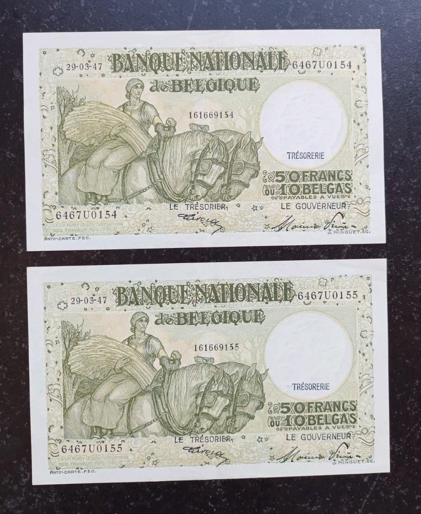 2 opeenvolgende Anto Carte 50 francs 29-3-1947, Ophalen of Verzenden, Los biljet