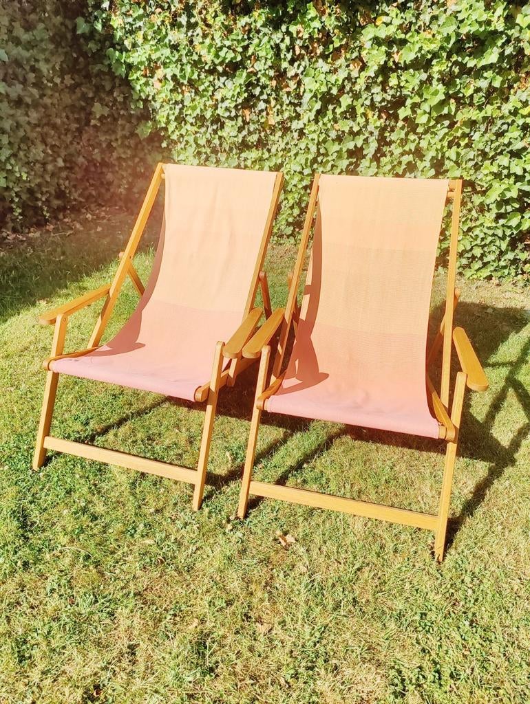 2 houten strandstoelen / ligstoelen, Ophalen, Zo goed als nieuw