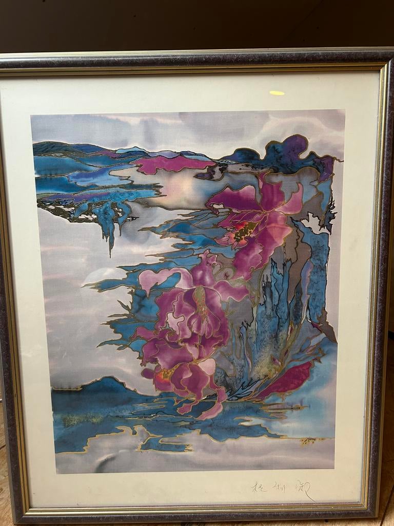 Modern Aziatisch zijdekunstwerk gesigneerd, Enlèvement