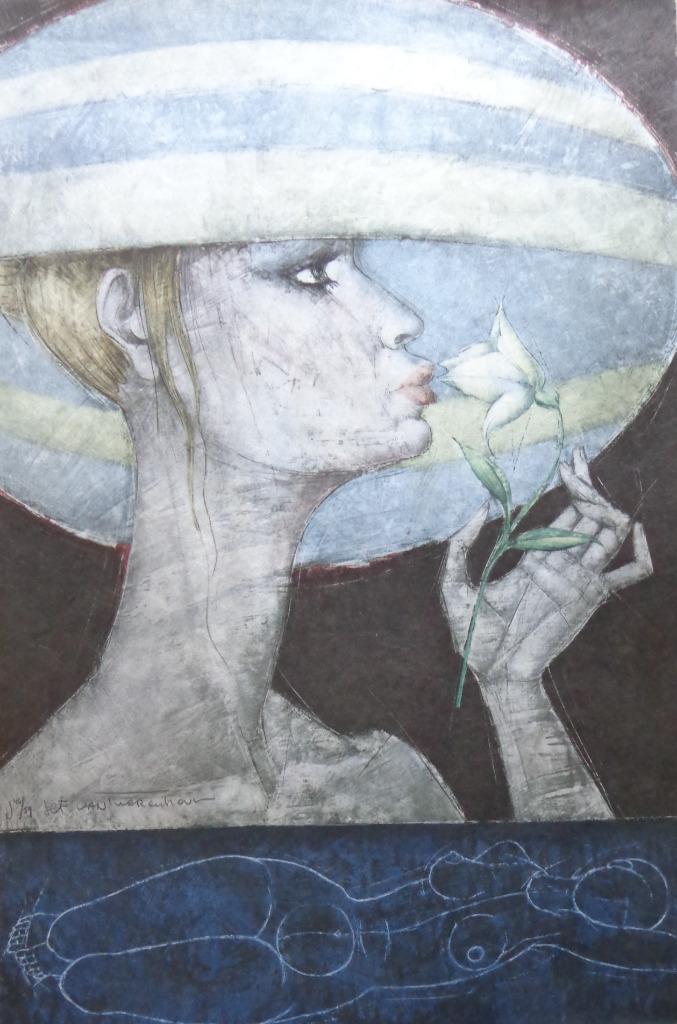 JEF VAN TUERENHOUT / KONINGIN MET HOED / ZEEFDRUK / 76x50cm, Enlèvement ou Envoi