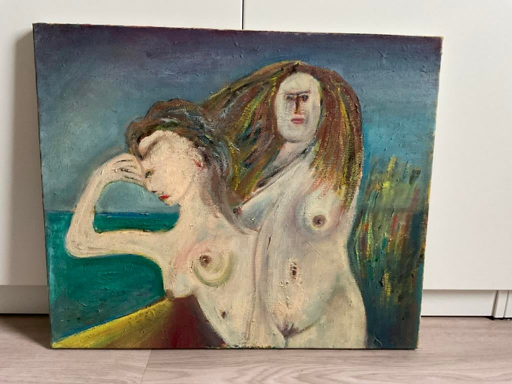 Schilderij met twee naakte dames, Antiek en Kunst, Kunst | Schilderijen | Modern, Ophalen of Verzenden
