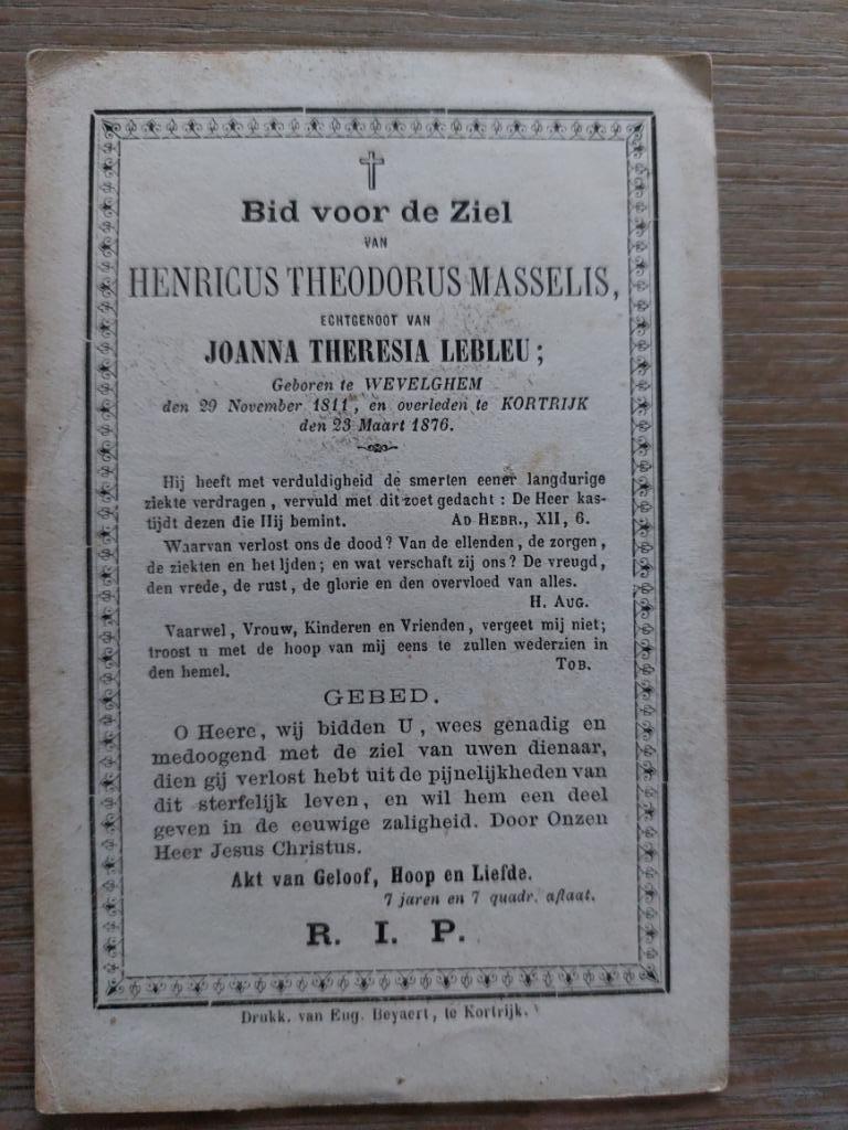 oud doodsprentje Wevelgem/Kortrijk 1876, Verzenden