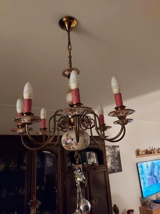 lustre vintage italien en laiton et porcelaine. 8 bras, Enlèvement, Utilisé