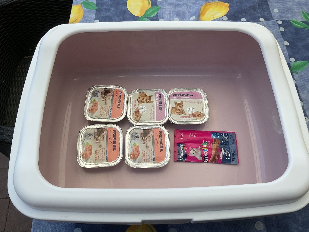 Kattenbak + 5 doosjes eten, Ophalen, Zo goed als nieuw, Open