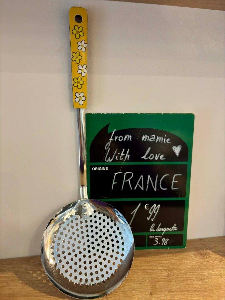 ustensile cuisine écumoire décor fleur jaune japan vintage, Ophalen of Verzenden, Zo goed als nieuw, Overige materialen, Los bestek